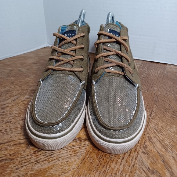 Sperry Womens Top-Sider Shoes Sz 5.5 Sequins Olive Green Hightops Lace Up. See p - Picture 5 of 9